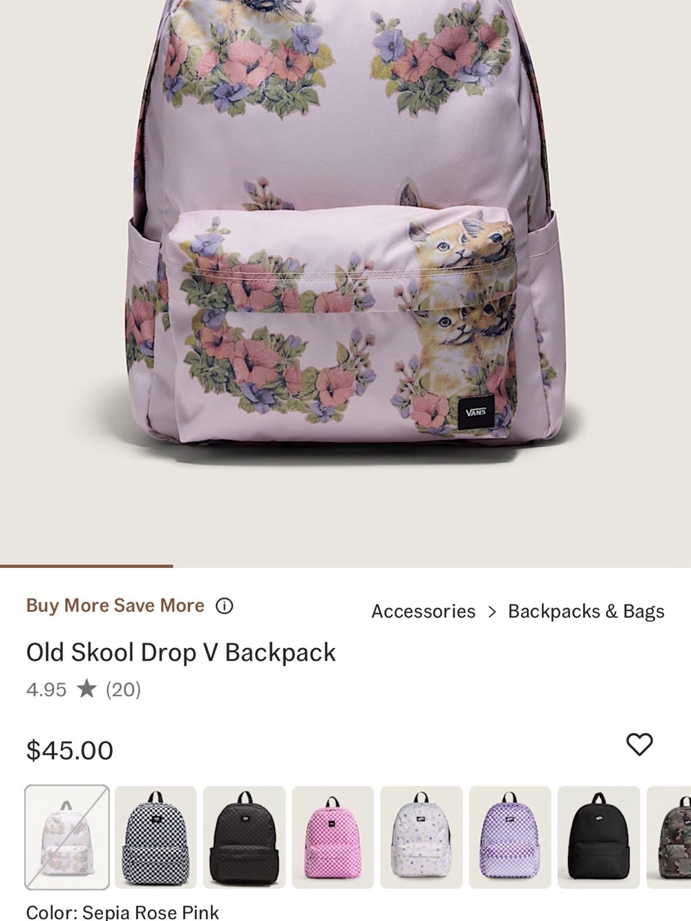 Vans old Skool Floral & Kitten Print Pink Backpack - Picture 5 of 9